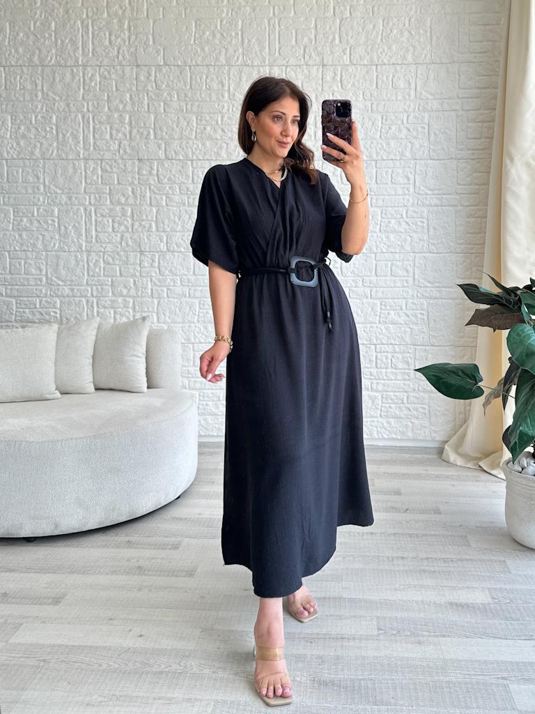 Siyah  Kare Tokalı Yarasa Kol Elbise