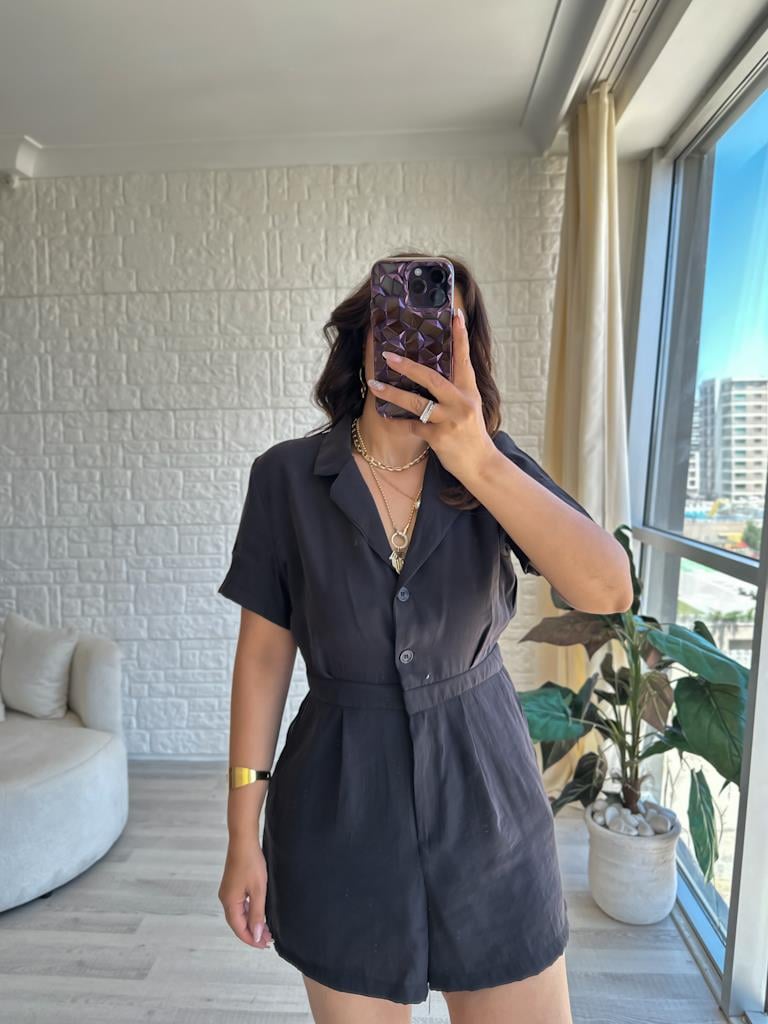 Siyah Klapa Yaka Modal Kumaş Tulum