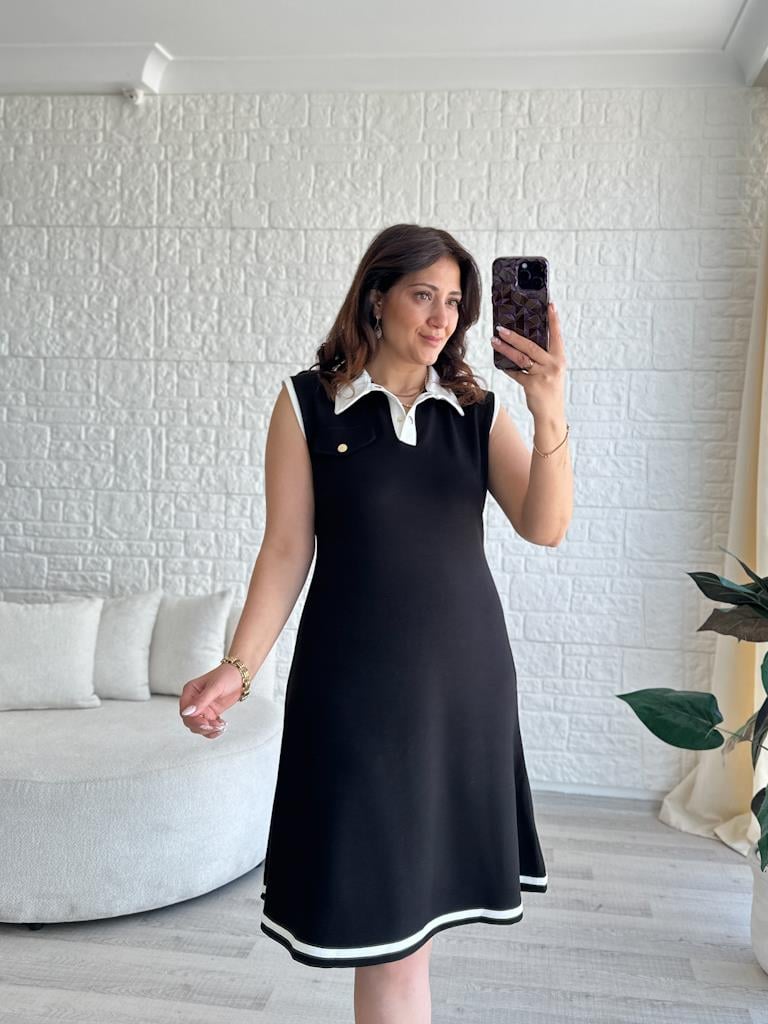 Siyah Modal Kumaş Biyeli Polo Yaka Haki Kolsuz Elbise