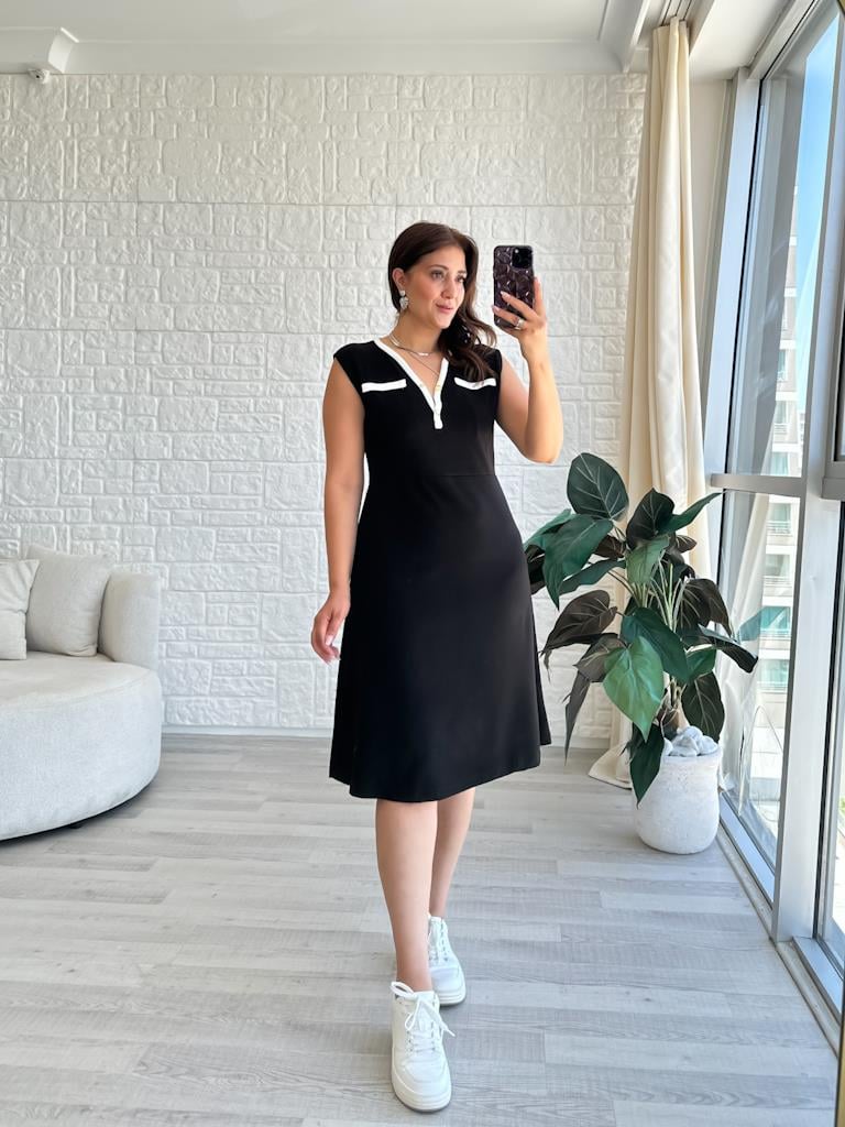 Siyah Modal Kumaş Biyeli V Yaka Kolsuz Elbise