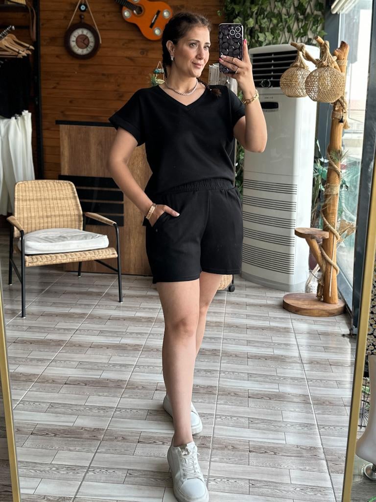 Siyah Modal Oysh  Kumaş V Yaka Şortlu Takım