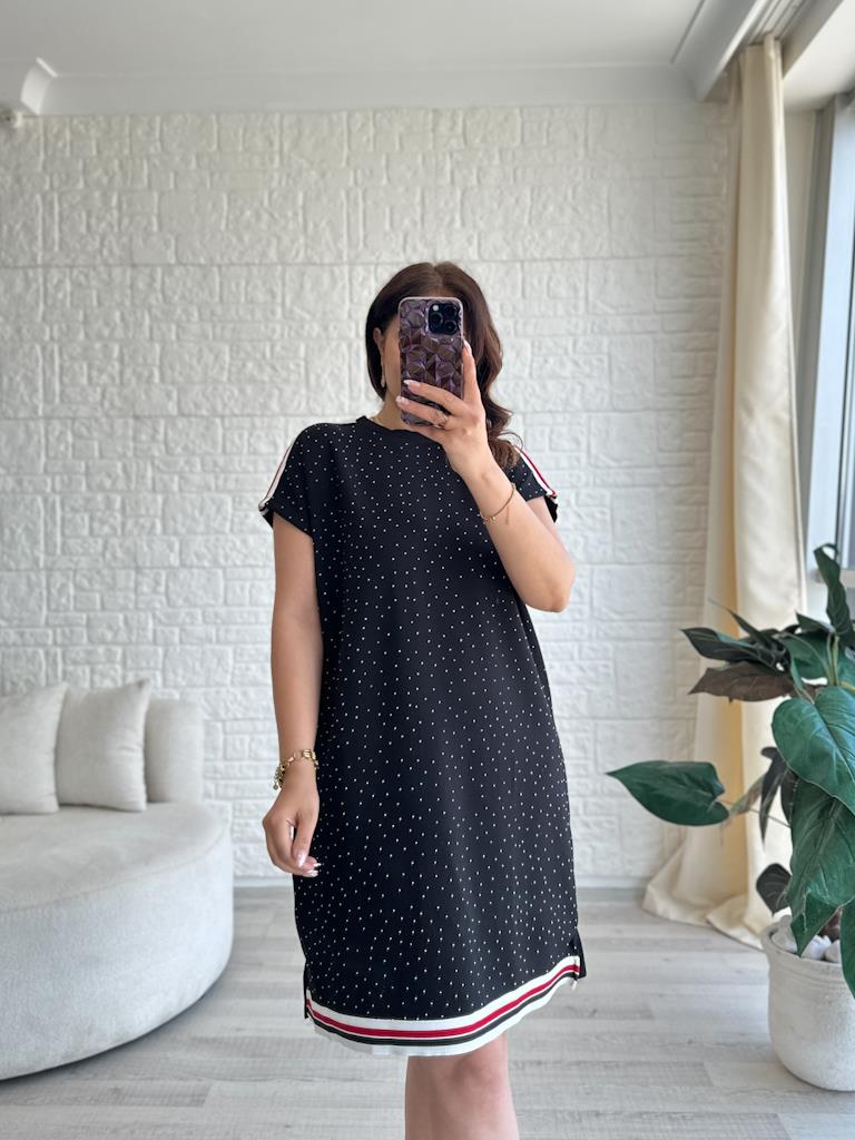 Siyah Modal Taşlı Şeritli Elbise