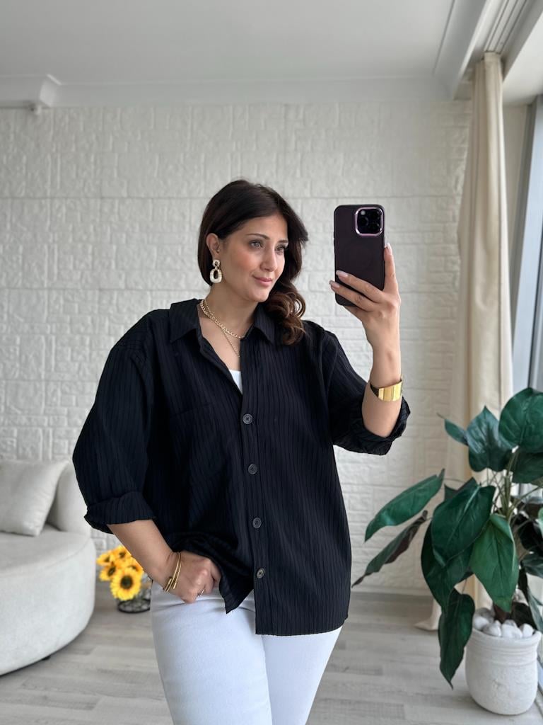 Siyah Panç Çizgili Oversize Gömlek