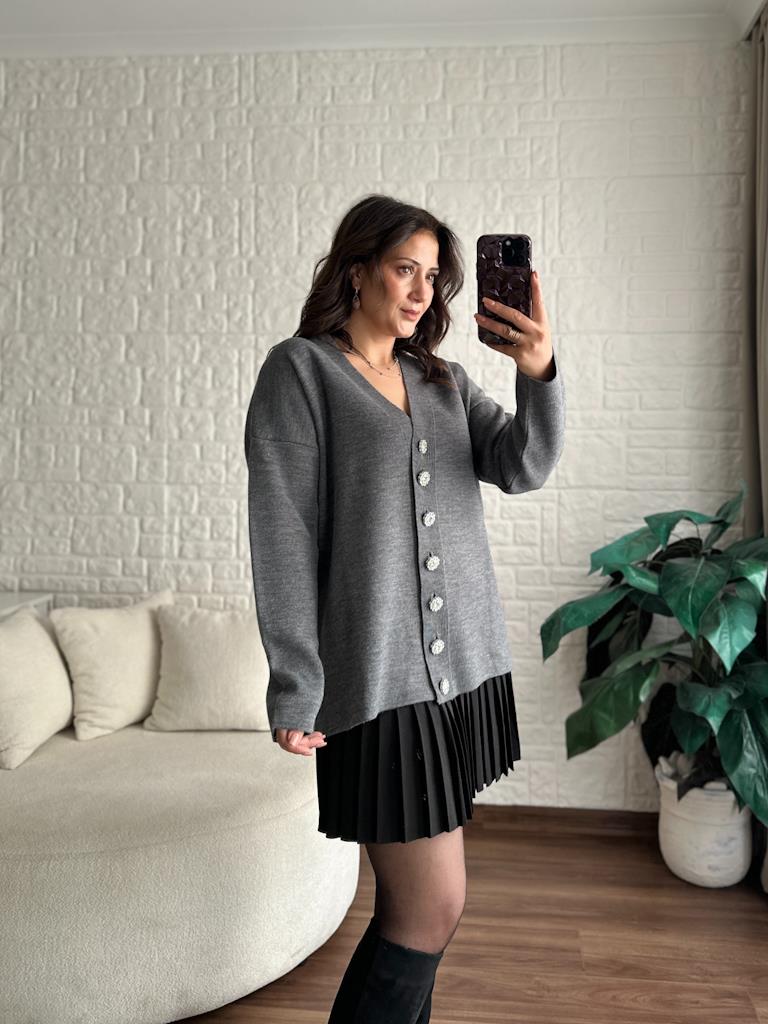 Taş Düğmeli Oversize Hırka Antrasit
