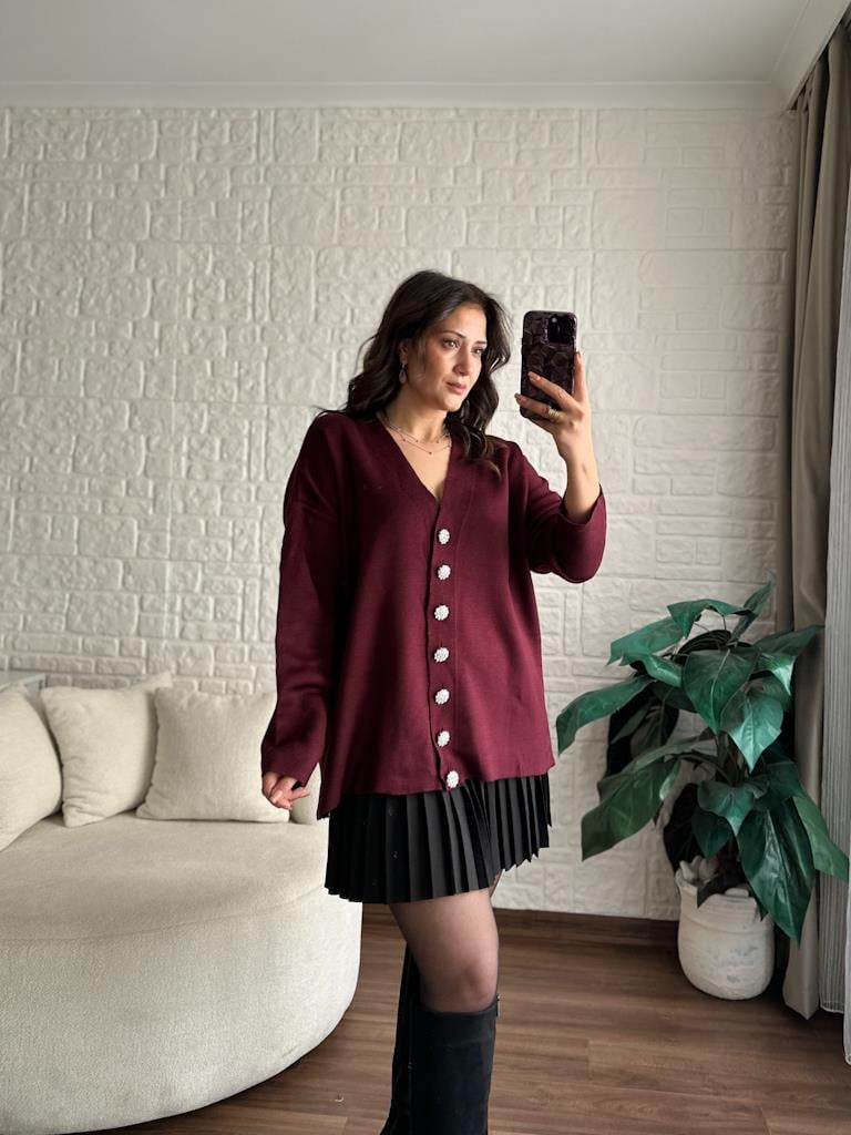 Taş Düğmeli Oversize Hırka Bordo