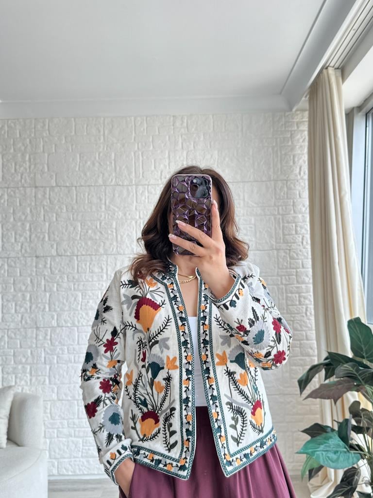 Tasarım Otantik Renkli Nakış İşleme Keten Ceket