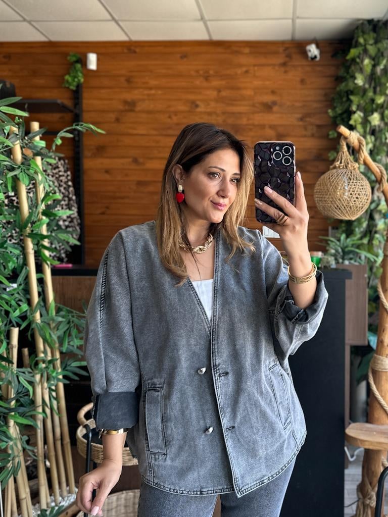Tasarım Oversize Yarasa Kollu Ceket Gri