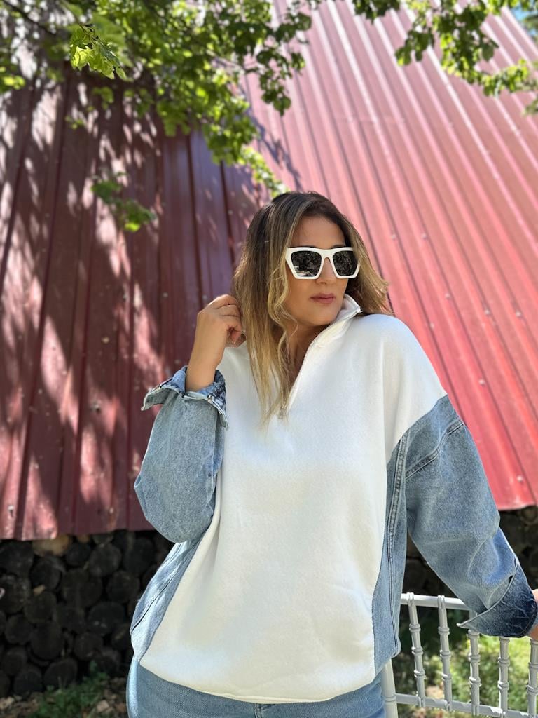 Tasarım Yaka Fermuarlı Jean Detaylı Sweatshirt