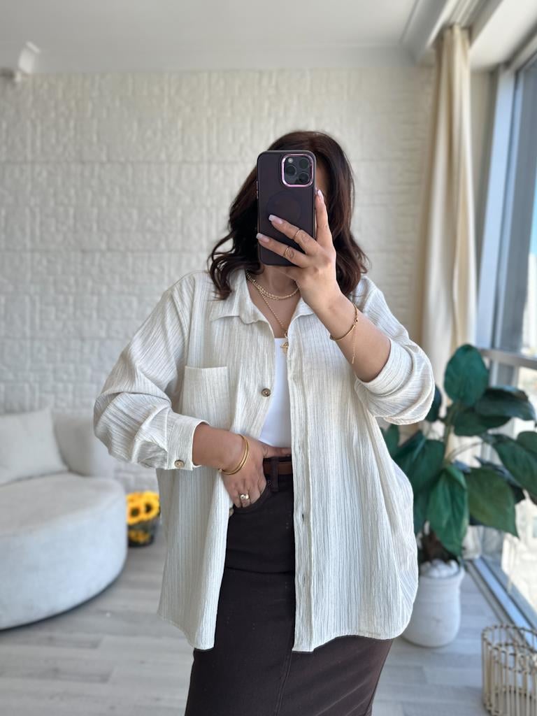 Tek Cep Detaylı Keten Oversize Gömlek
