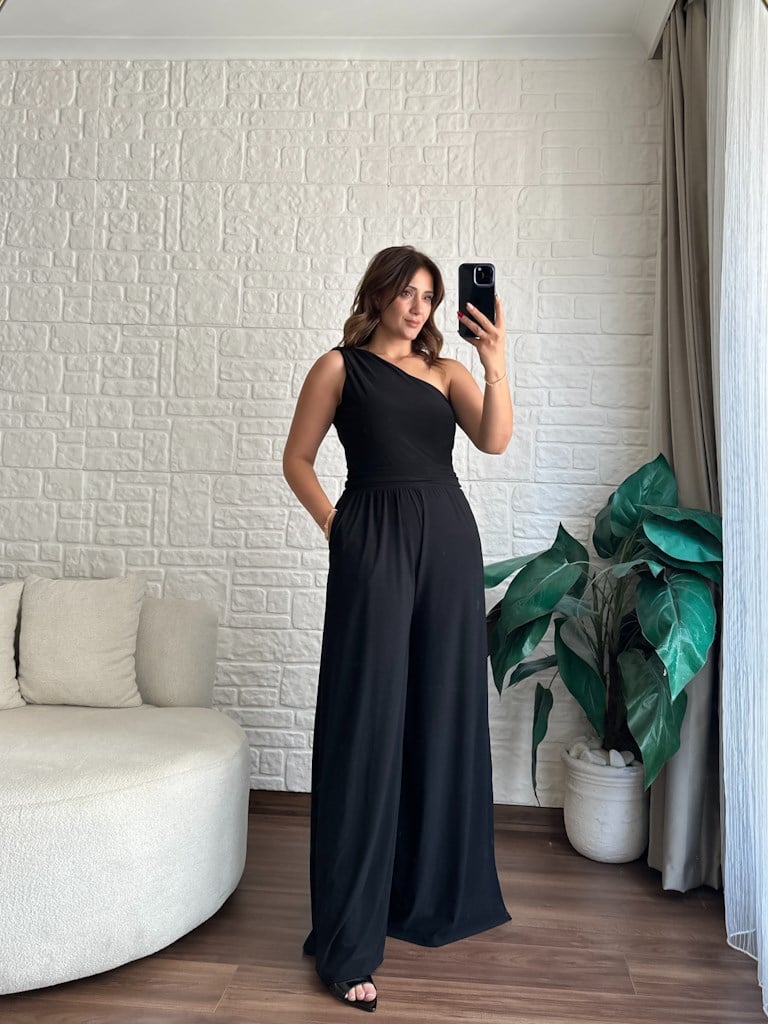 Tek Omuz Askılı Sanddy Kumaş Full Likra Tulum