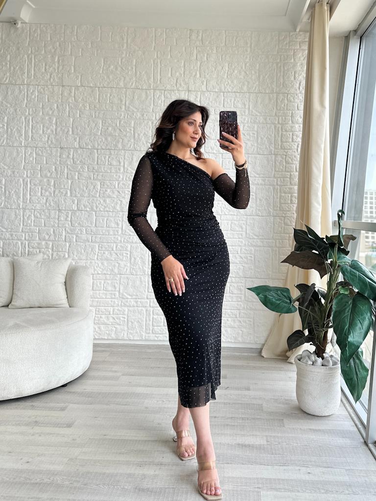 Tek Omuz Taşlı Tül Elbise