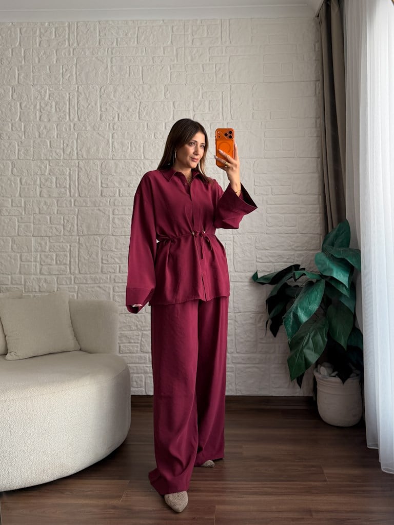 Tok Tensel Bel Kuşaklı Gömlek Pantolon Takım Bordo