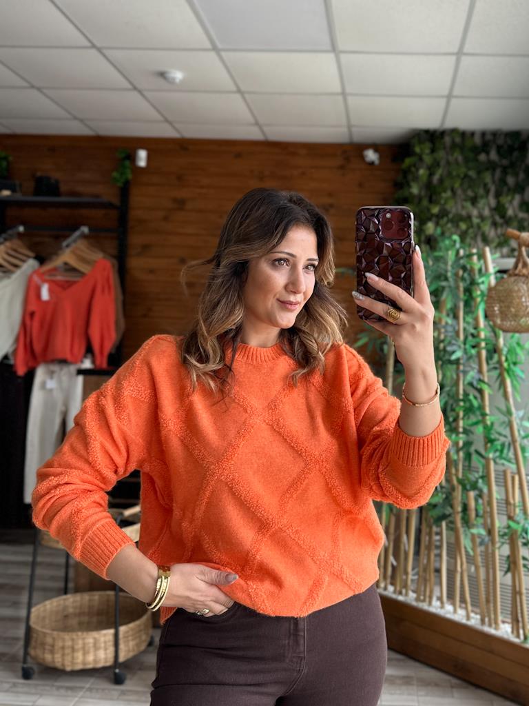 Turuncu Bisiklet Yaka Kabartma Desenli Triko Kazak