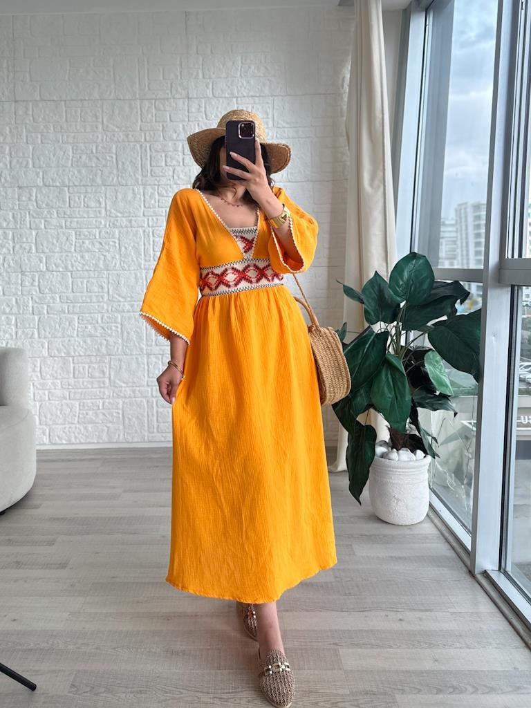 Turuncu Otantik Arka Ön V Yaka Nakışlı Müslin Elbise