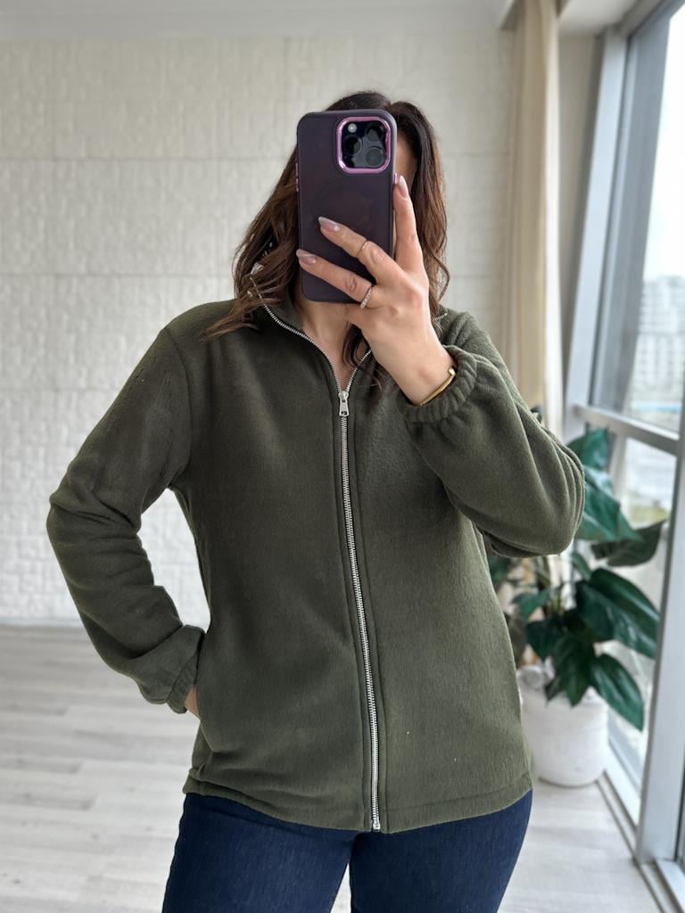 Unisex Model Fermuarlı Polar Sweatshirt Haki Yeşil