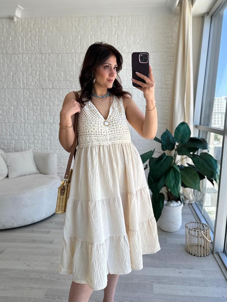 Üstü Dantelli Natural Keten Elbise Krem