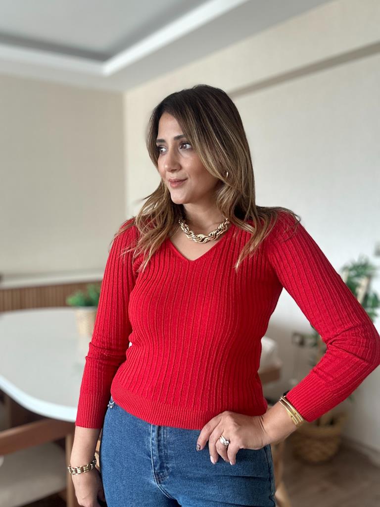 V Yaka Full Likralı Triko Bluz Kırmızı