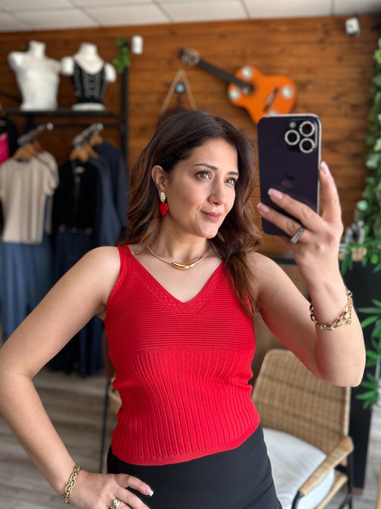 V Yaka Kalın Askılı Ajur Detaylı Triko Bluz Kırmızı