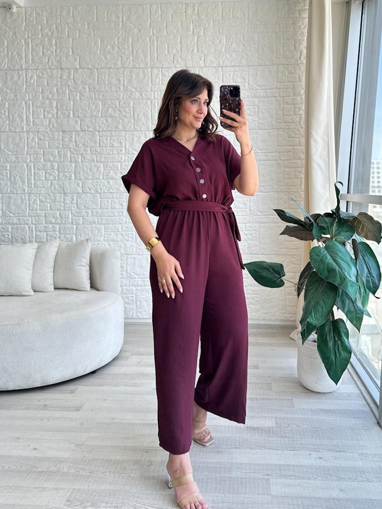 V Yaka Önü Düğmeli Aerobin Tulum Bordo