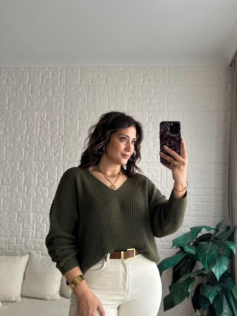 V Yaka Selanik Örme Triko Kazak Haki Yeşil