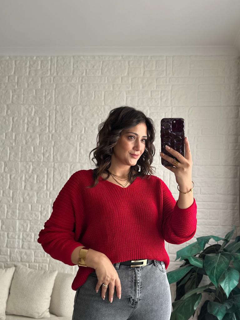 V Yaka Selanik Örme Triko Kazak Kırmızı