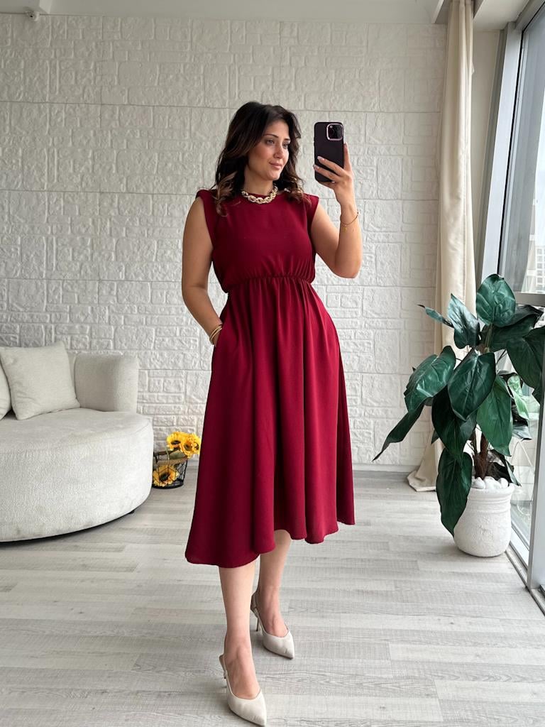 Vatkalı Kolsuz Elbise Bordo