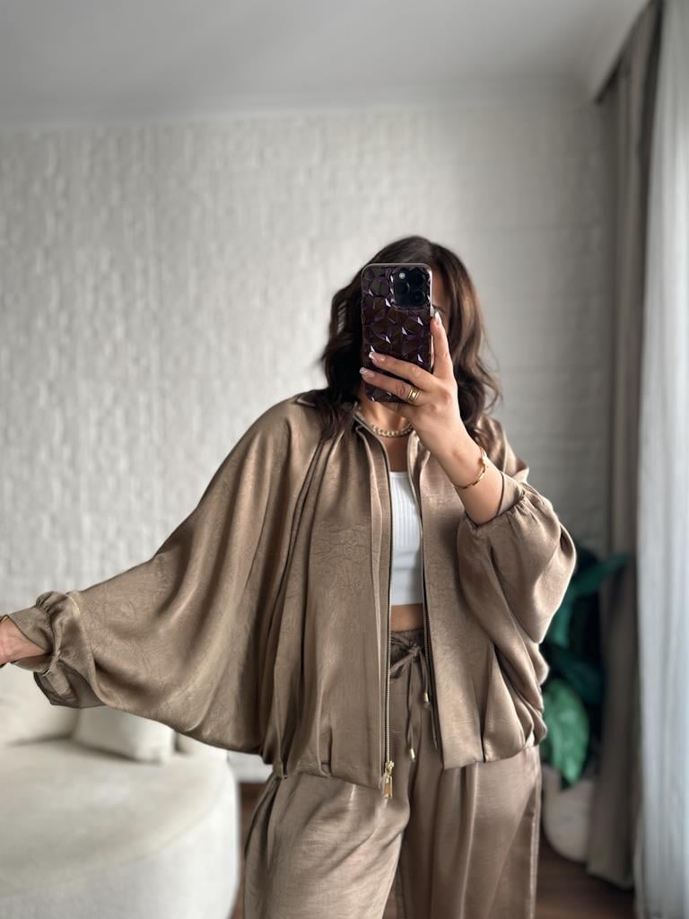 Vizon Ön Fermuarlı Bomber Saten Ceket