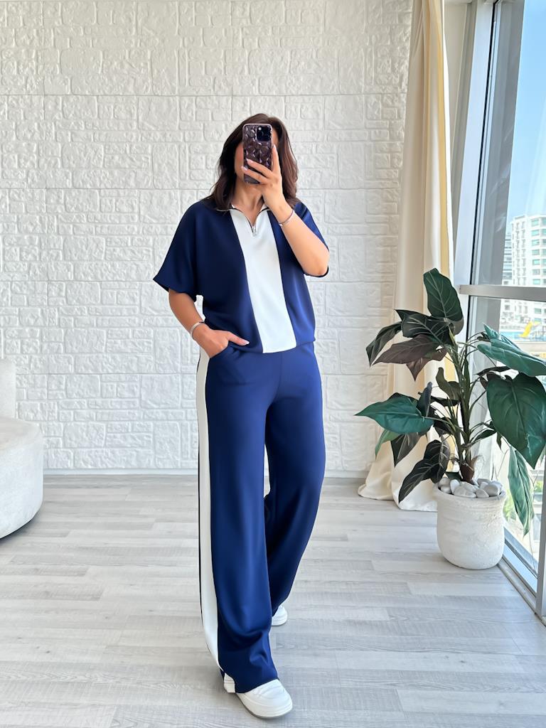 Yaka Fermuarlı Lacivert Beyaz Modal İkili Takım