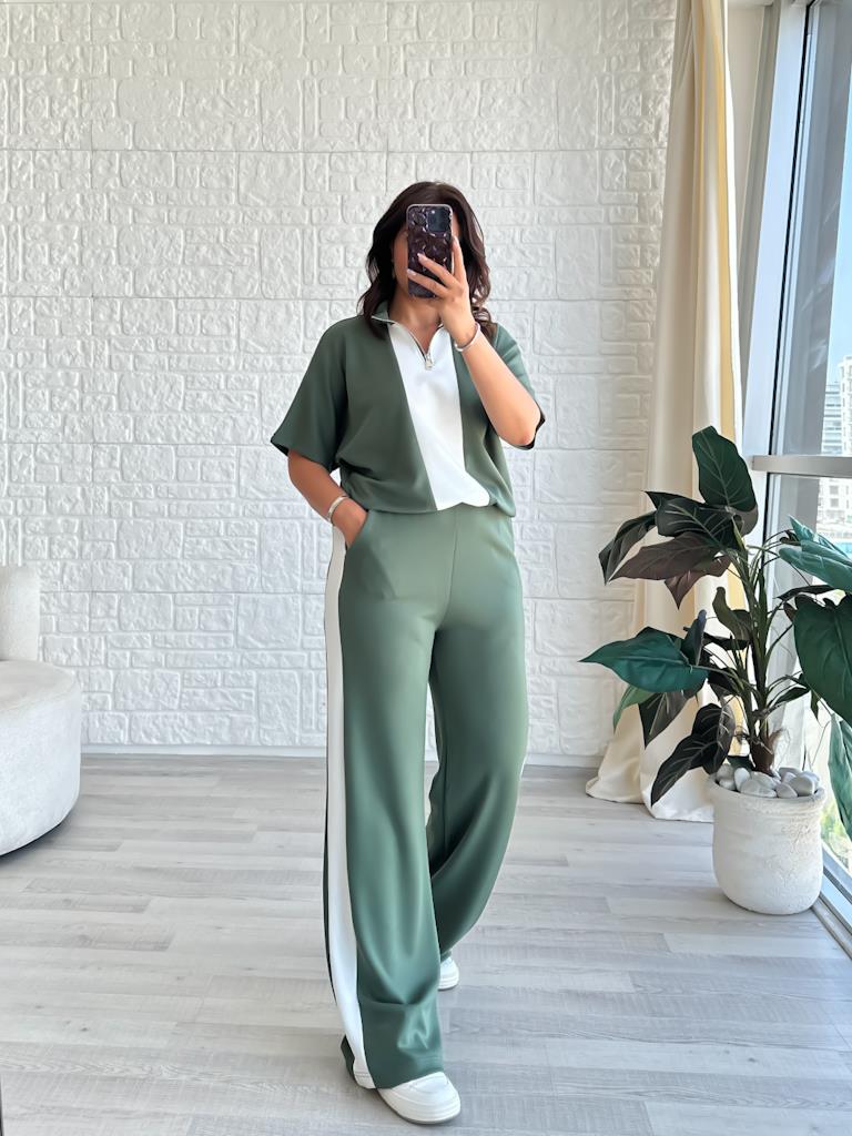 Yaka Fermuarlı Yeşil Beyaz Modal İkili Takım