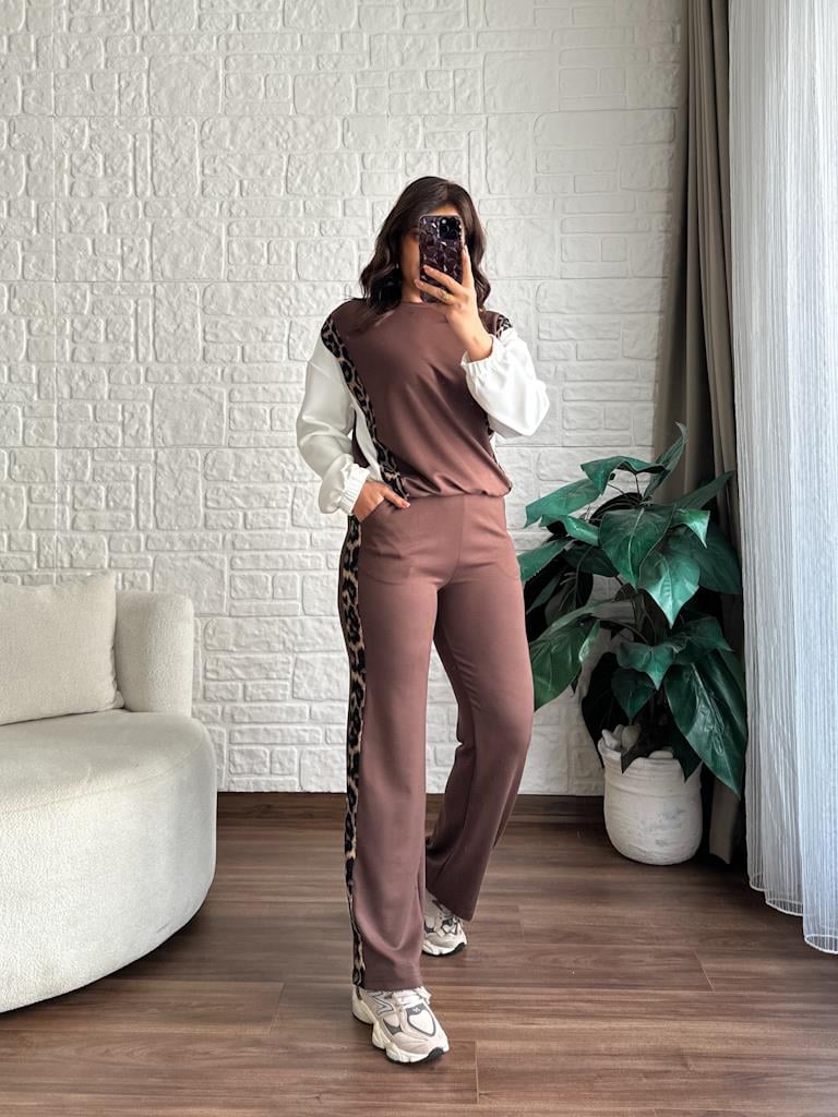 Yan Leopar Detay Modal Kumaş İkili Takım Kahverengi