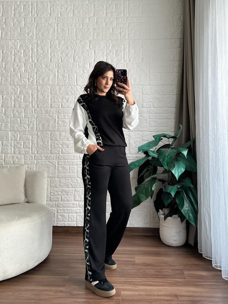 Yan Leopar Detay Modal Kumaş İkili Takım Siyah