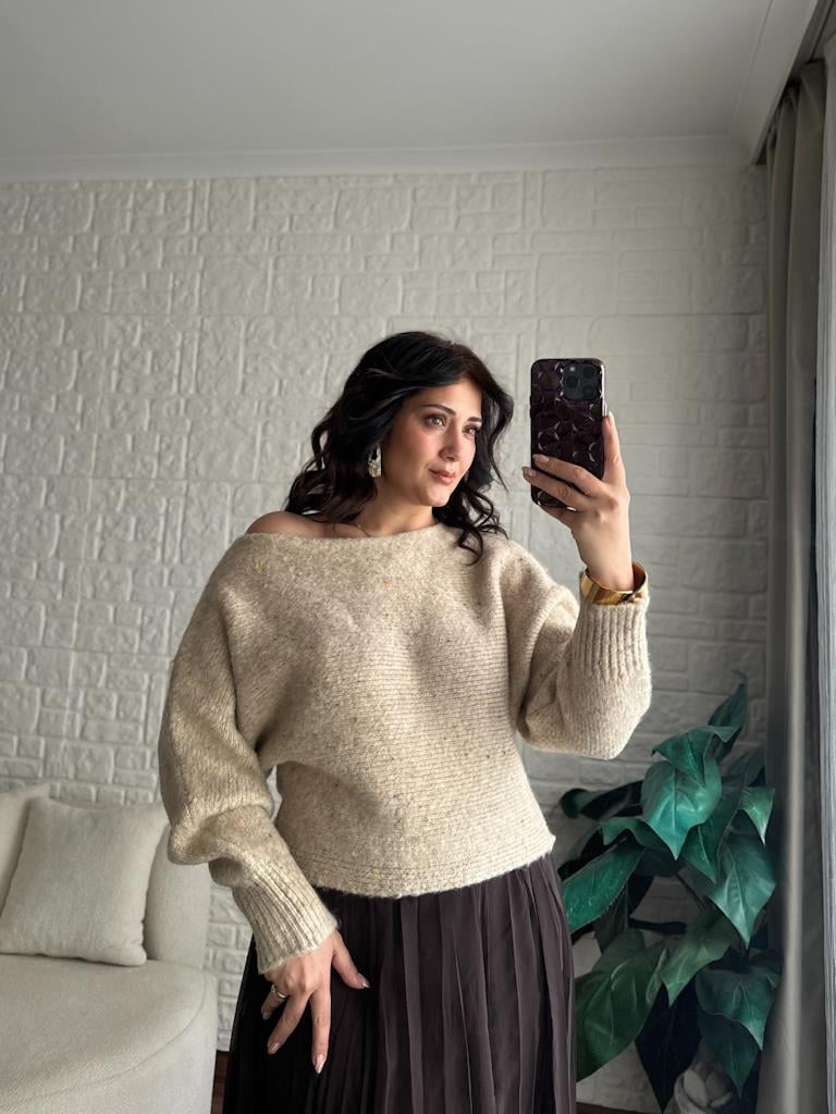 Yarasa Kol Düşük Omuz Triko Kazak Bej