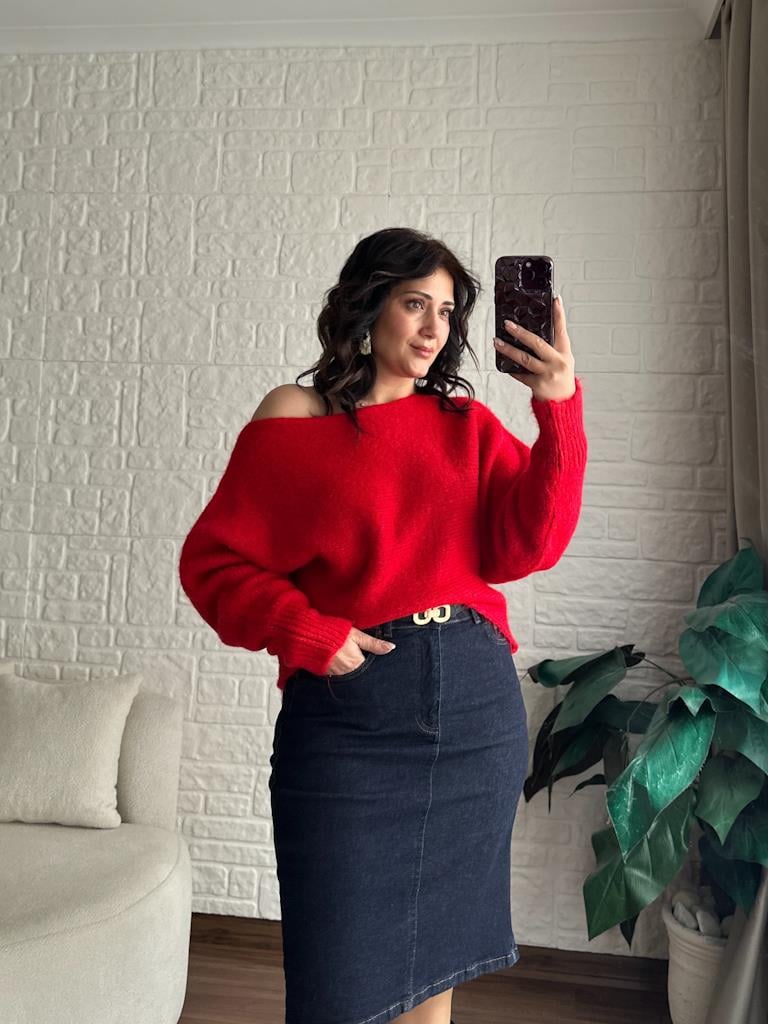 Yarasa Kol Düşük Omuz Triko Kazak Kırmızı