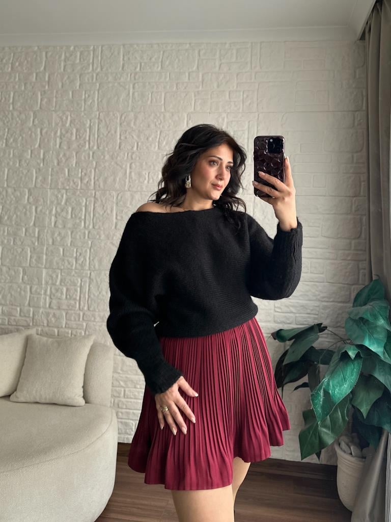 Yarasa Kol Düşük Omuz Triko Kazak Siyah