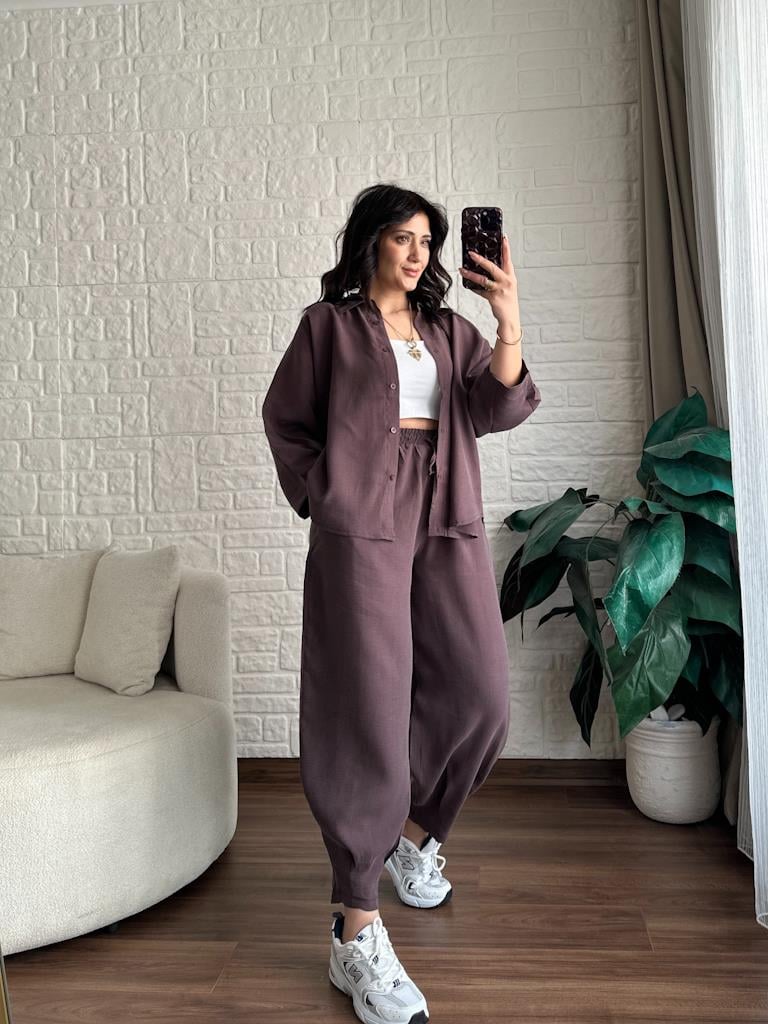 Yarasa Kol Tensel Kumaş Beli Lastikli Pantolon Takım Mürdüm