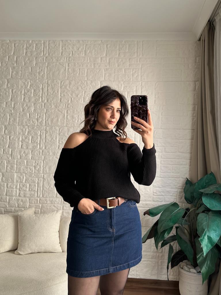 Yarım Balıkçı Omzu Açık Selanik Örme Triko Kazak Siyah