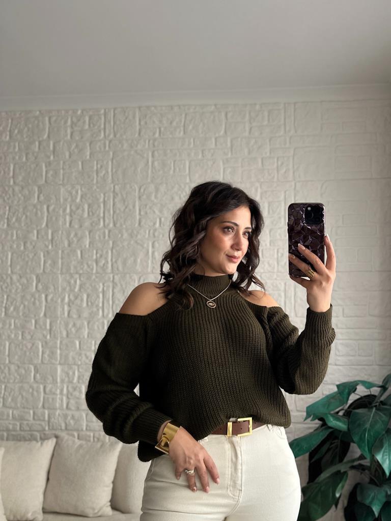 Yarım Balıkçı Omzu Açık Selanik Örme Triko Kazak Haki Yeşil