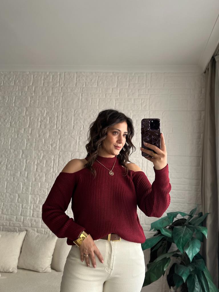 Yarım Balıkçı Omzu Açık Selanik Örme Triko Kazak Bordo