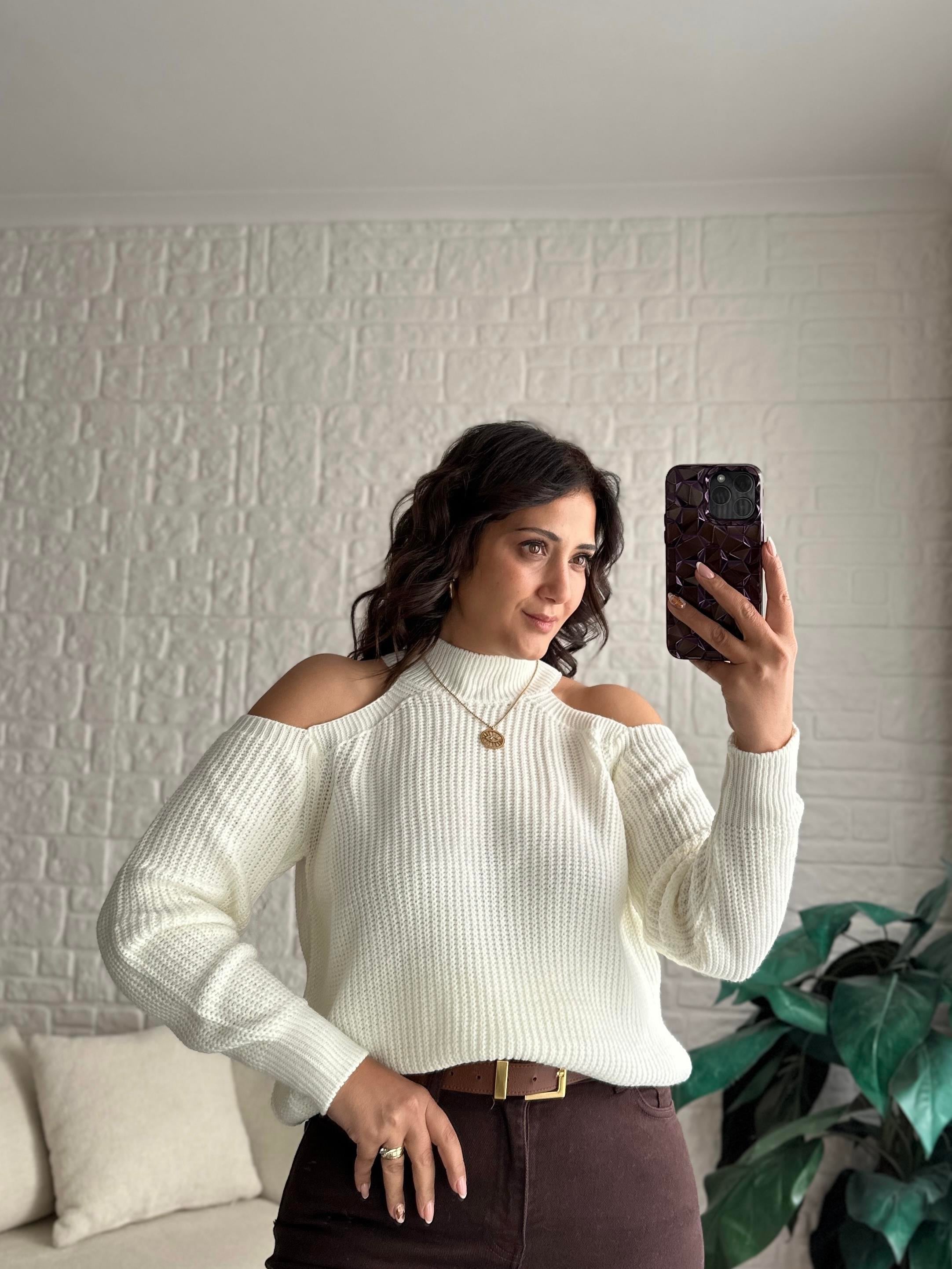 Yarım Balıkçı Omzu Açık Selanik Örme Triko Kazak Ekru