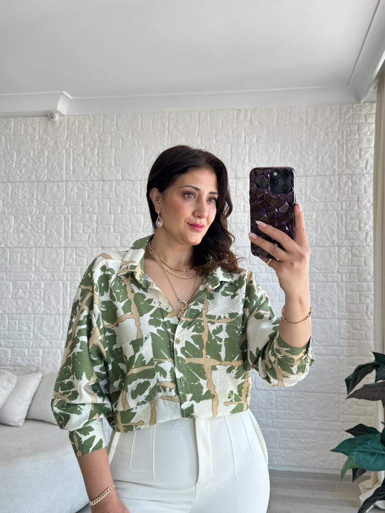 Yeşil Desenli Cepli Modal Gömlek