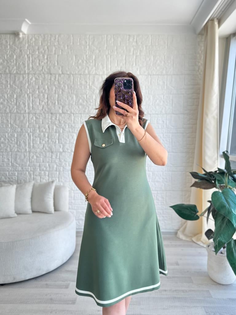 Yeşil Modal Kumaş Biyeli Polo Yaka Haki Kolsuz Elbise