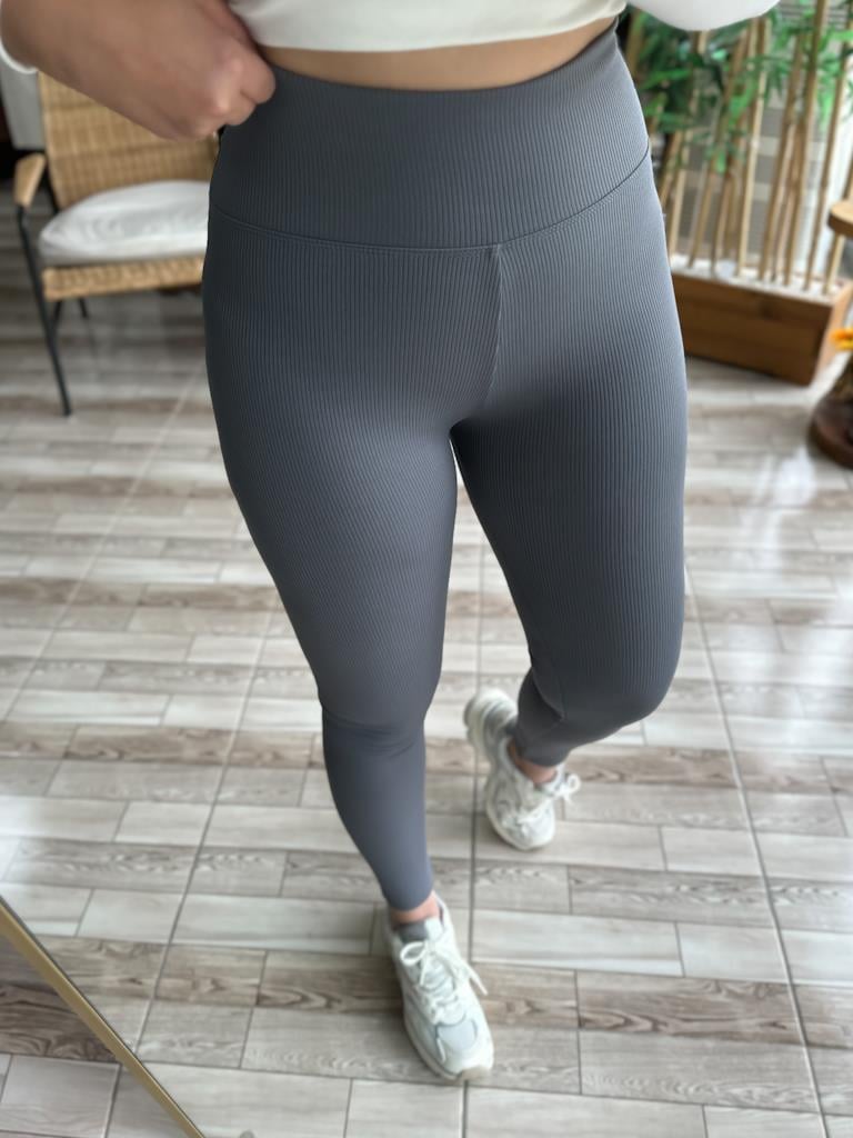 Yüksek Bel Şardonlu Fitilli Tayt Gri