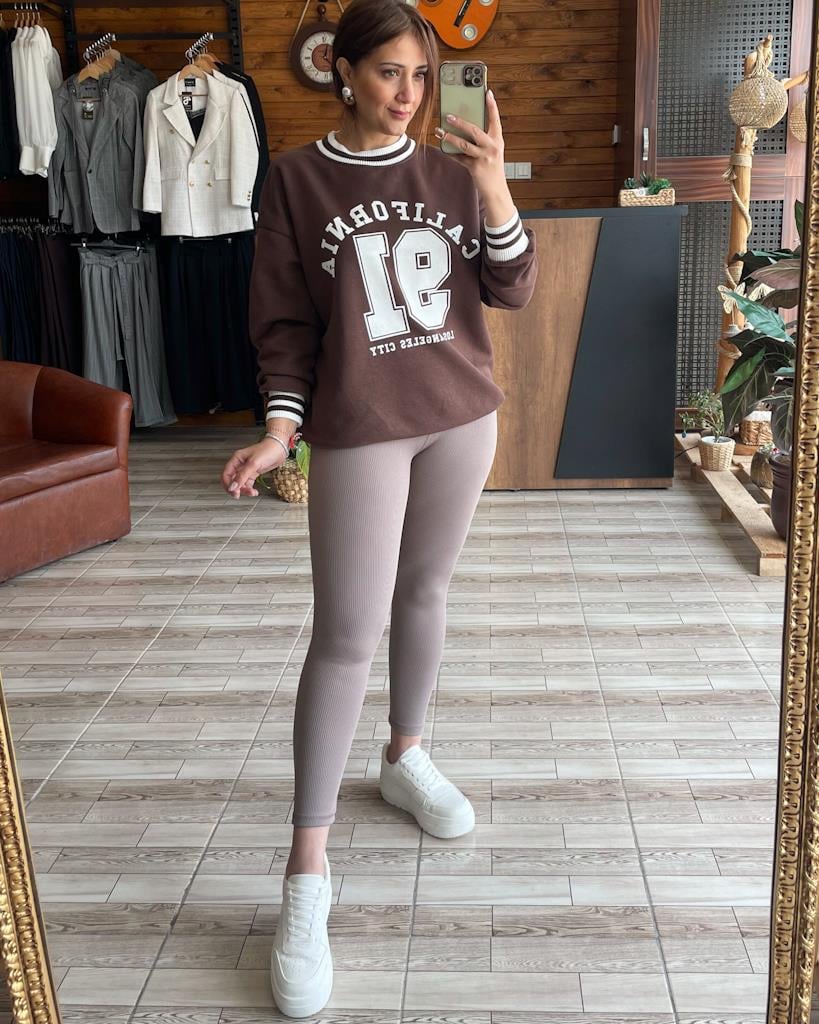 Yüksek Bel Şardonlu Fitilli Tayt Vizon