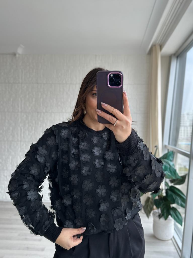 ZR Model Yonca Efekt Üç Boyutlu Kazak Siyah