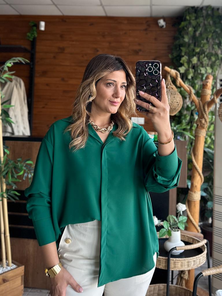 Zümrüt Yeşil  Over Size İpek Krep Gömlek