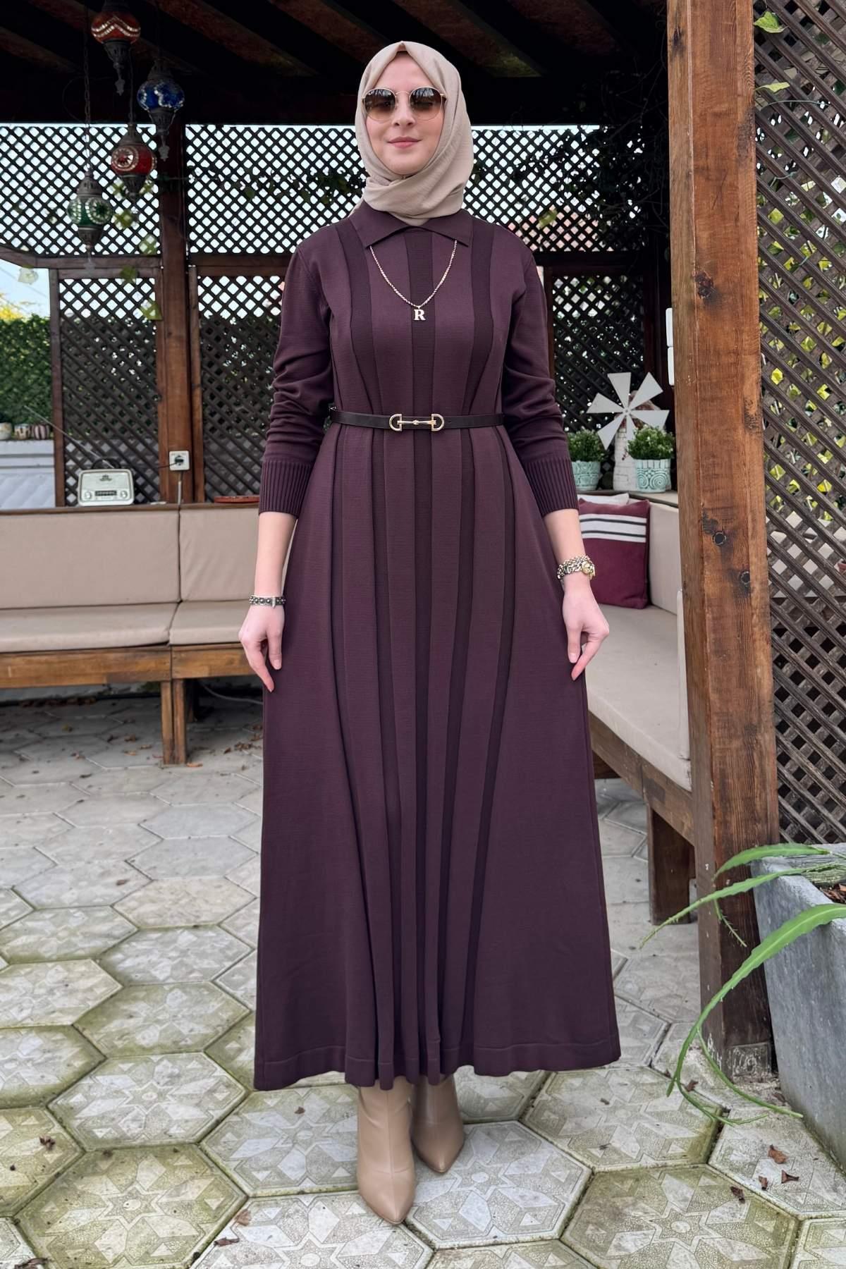 Şölen Fularlı Triko Elbise Acı Kahve | Rabia Şamlı | Tesettür Giyim, Elbise ve Kadın Giyim Modası