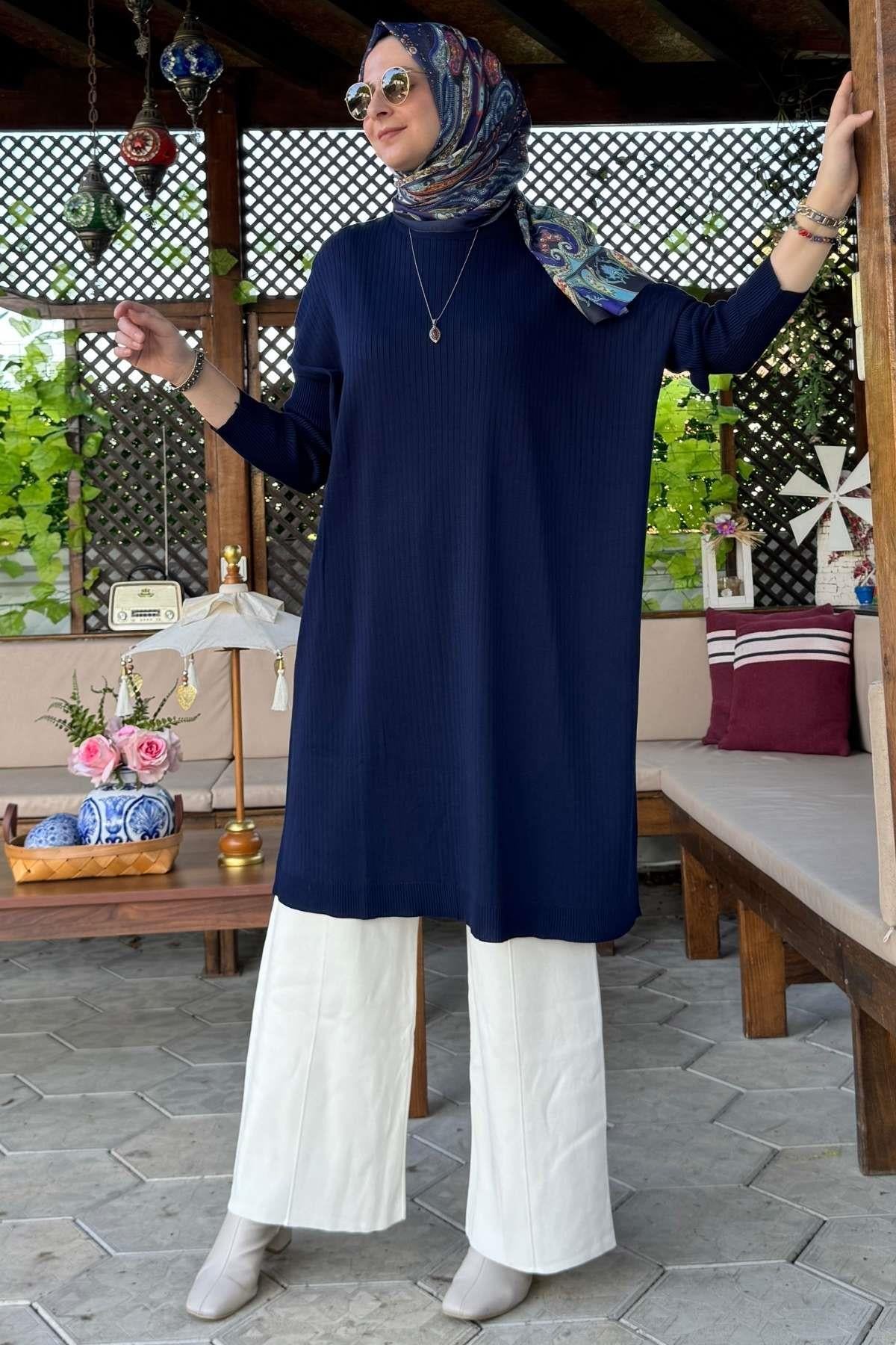 Hamiyet Çizgili Triko Tunik Siyah | Rabia Şamlı | Tesettür Giyim, Elbise ve Kadın Giyim Modası