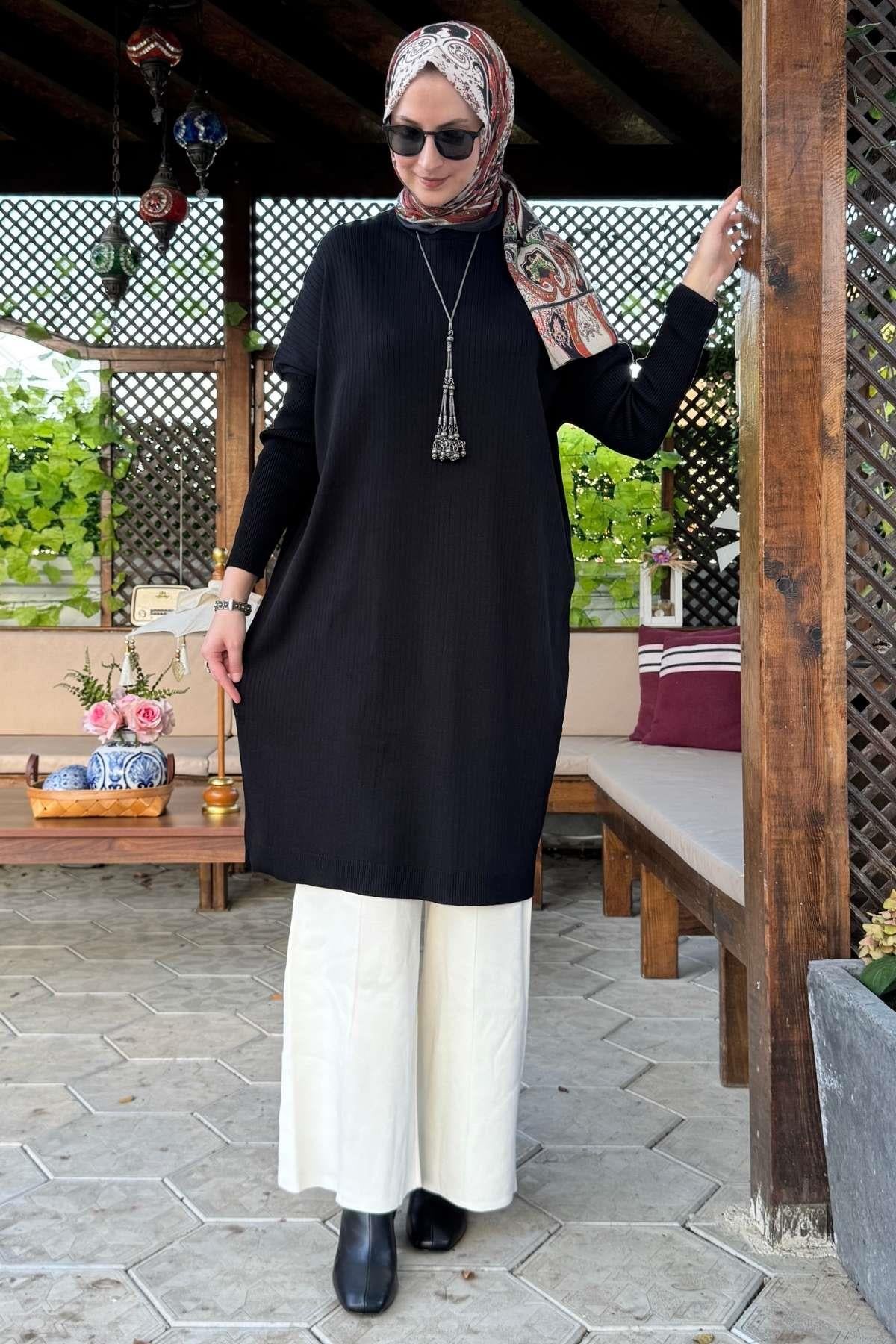 Hamiyet Çizgili Triko Tunik Siyah | Rabia Şamlı | Tesettür Giyim, Elbise ve Kadın Giyim Modası