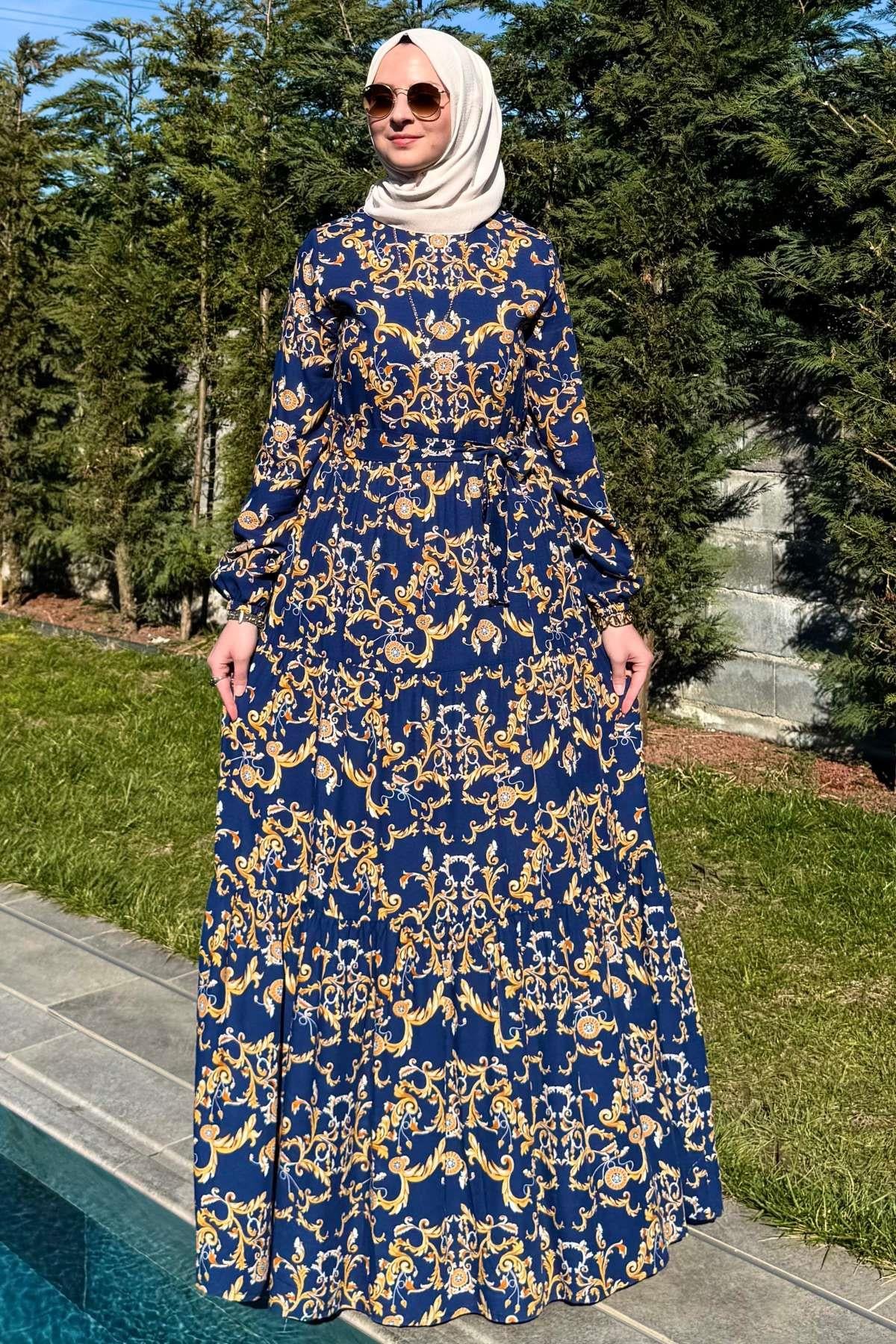 Kot Efektli Elbise Lacivert | Rabia Şamlı | Tesettür Giyim, Elbise ve Kadın Giyim Modası