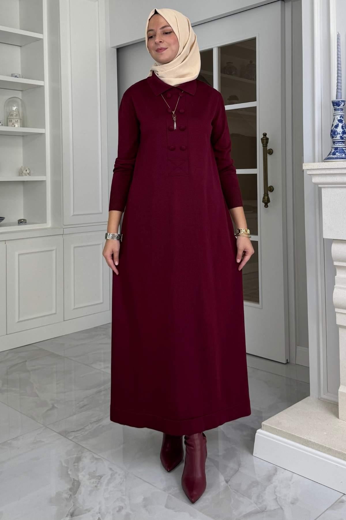 Laçin Triko Elbise Bordo | Rabia Şamlı | Tesettür Giyim, Elbise ve Kadın Giyim Modası